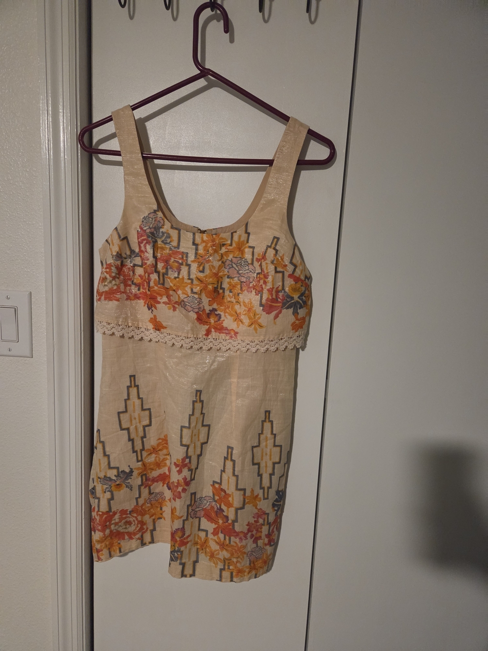 Free People Beige Linen Mini Dress with Orange & Pink Floral Embroidery NWOT! - Picture 5 of 10